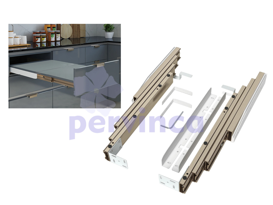 Pull out tabletop rail with soft closing